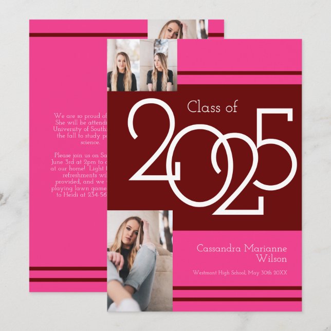 Maroon Pink School Colors Graduation Announcement (Front/Back)