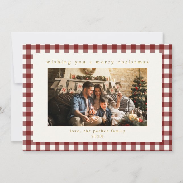 Maroon Plaid Custom Photo Christmas Holiday Card (Front)