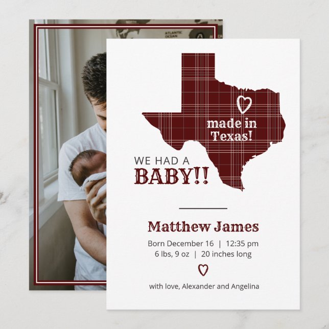 Maroon Plaid Made In Texas Vertical Photo Announcement (Front/Back)