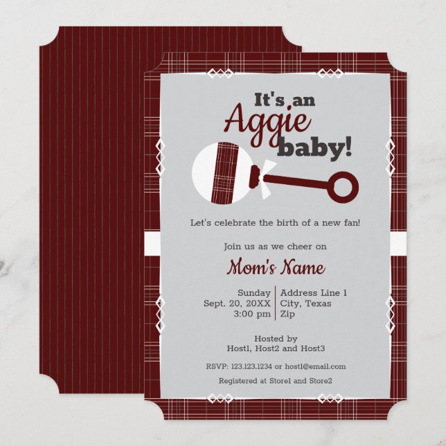 Maroon Plaid Rattle Aggie Baby Shower Invitation (Front/Back)