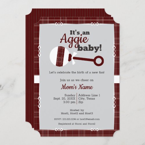 Maroon Plaid Rattle Aggie Baby Shower Invitation