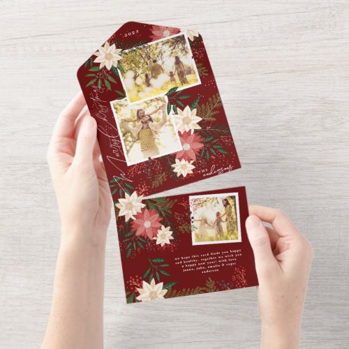 Maroon Poinsettia Photo Collage Merry Christmas All In One Invitation