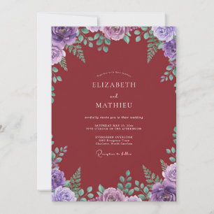 Maroon Purple Floral Watercolor Wedding Invitation