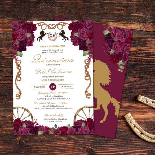 Maroon Purple Roses Western Charra Quinceaera Invitation