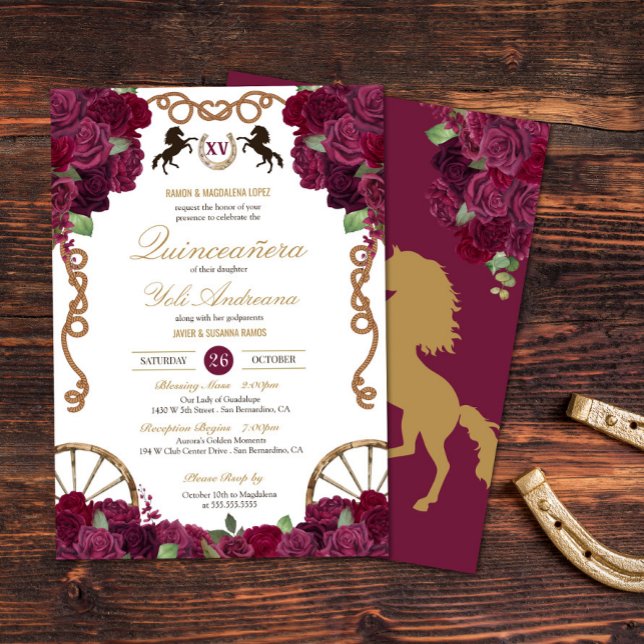 Maroon Purple Roses Western Charra Quinceañera Invitation (Creator Uploaded)