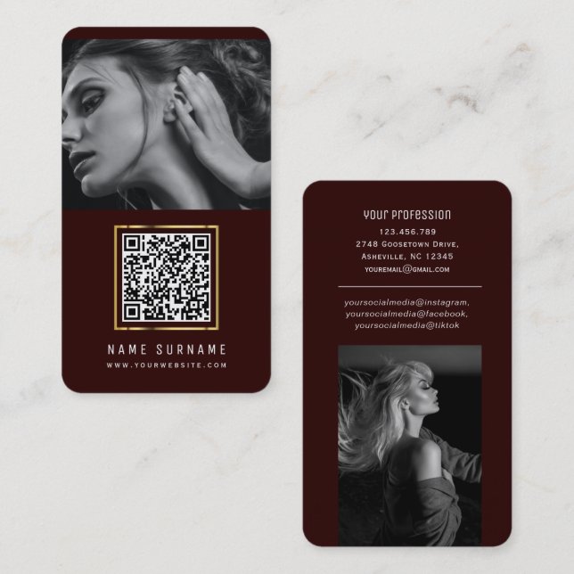 Maroon QR code social media modern stylish photo Business Card (Front/Back)