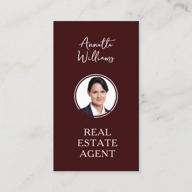 Maroon realtor with profile photo business card (Front)
