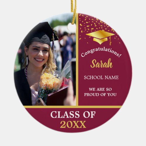 Maroon Red and Gold Graduation Photo Class Of 2024 Ceramic Ornament