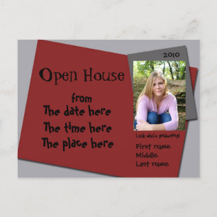 maroon (red) and grey open house invitation postcard