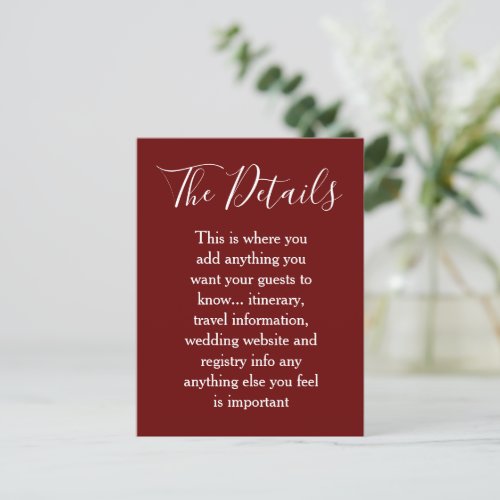 Maroon Red and White Minimalist Wedding Details Postcard