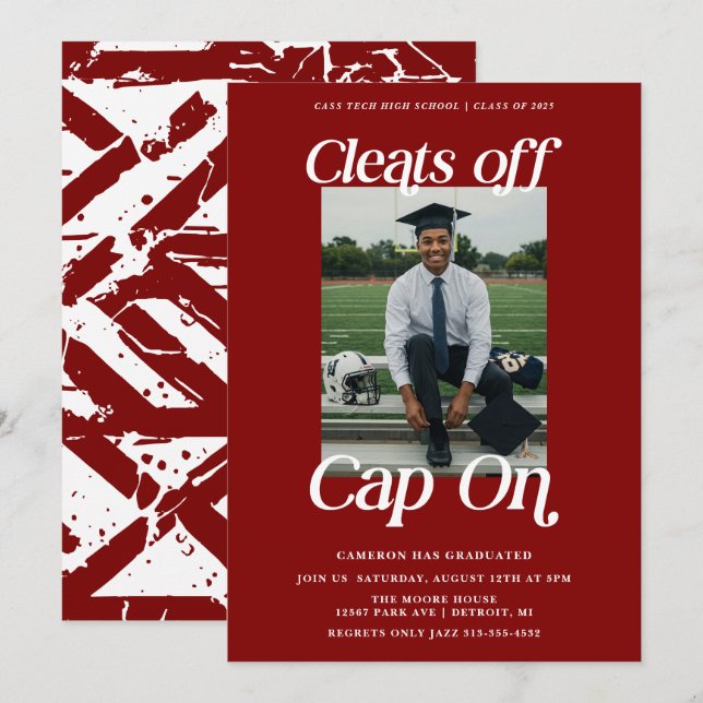 Maroon Red Athlete Graduation Cleats off Cap On Invitation (Front/Back)