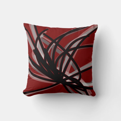 Maroon Red Black  Gray Artistic Abstract Ribbons Throw Pillow