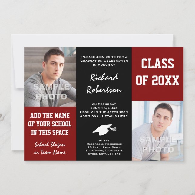 Maroon Red + Black School Colors Photo Graduation Invitation (Front)