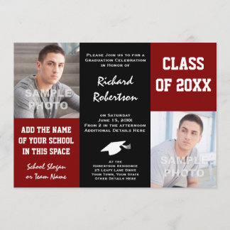 Maroon Red + Black School Colors Photo Graduation Invitation