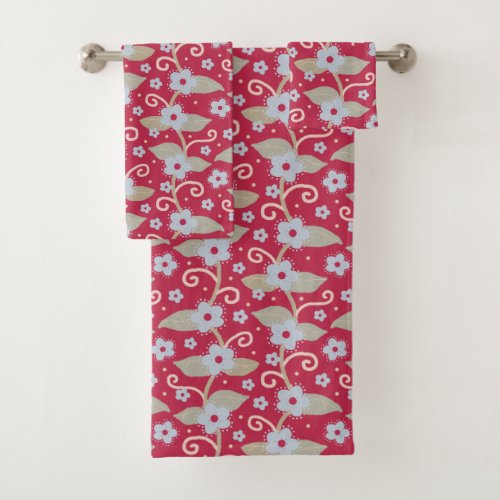 Maroon Red Blue Floral Morning Glory Vine Bath Towel Set