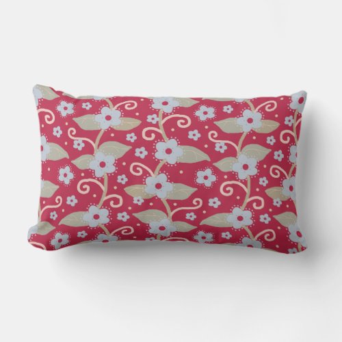 Maroon Red Blue Floral Morning Glory Vine Lumbar Pillow