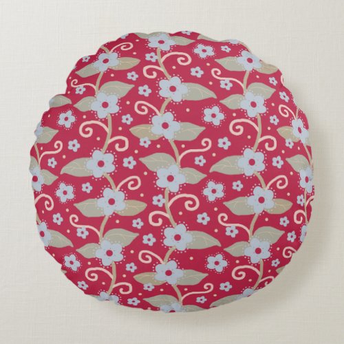 Maroon Red Blue Floral Morning Glory Vine Round Pillow