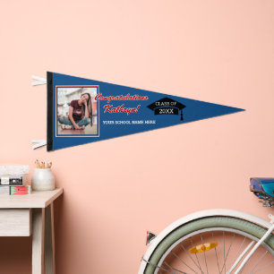 Maroon Red Blue White Black Congratulations Grad Pennant Flag