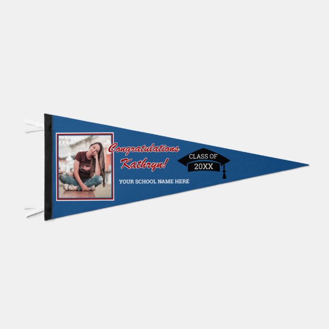 Maroon Red Blue White Black Congratulations Grad Pennant Flag (Front)
