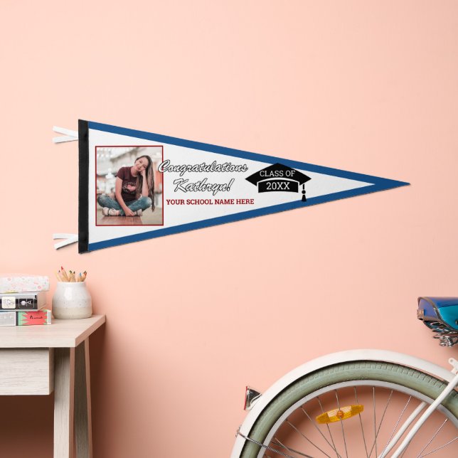 Maroon Red Blue White Black Congratulations Grad Pennant Flag (Front)