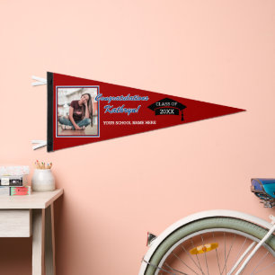 Maroon Red Blue White Black Congratulations Grad Pennant Flag