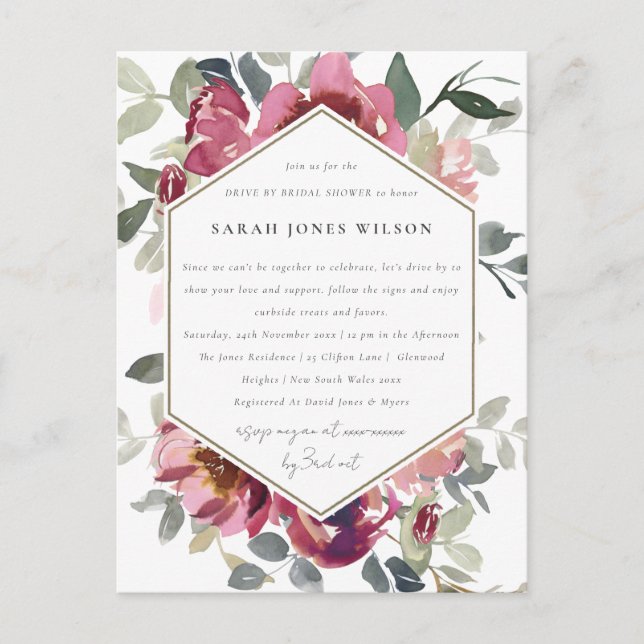 MAROON RED BLUSH ROSE FLORA DRIVE BY BRIDAL SHOWER POSTCARD (Front)