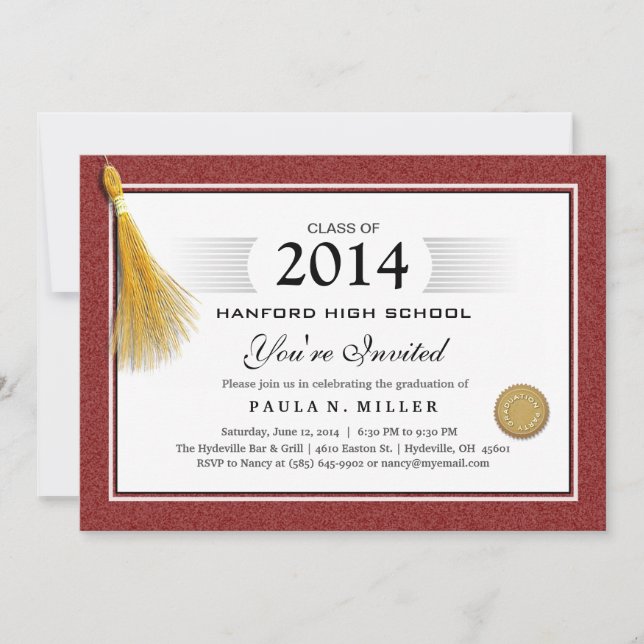 Maroon Red Border Diploma Graduation & Gold Tassel Invitation (Front)
