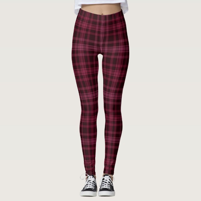 Maroon Red Checker Plaid Women's Leggings (Front)