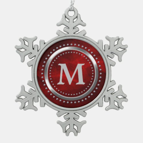 Maroon Red Faux Chrome Monogram Christmas Snowflake Pewter Christmas Ornament