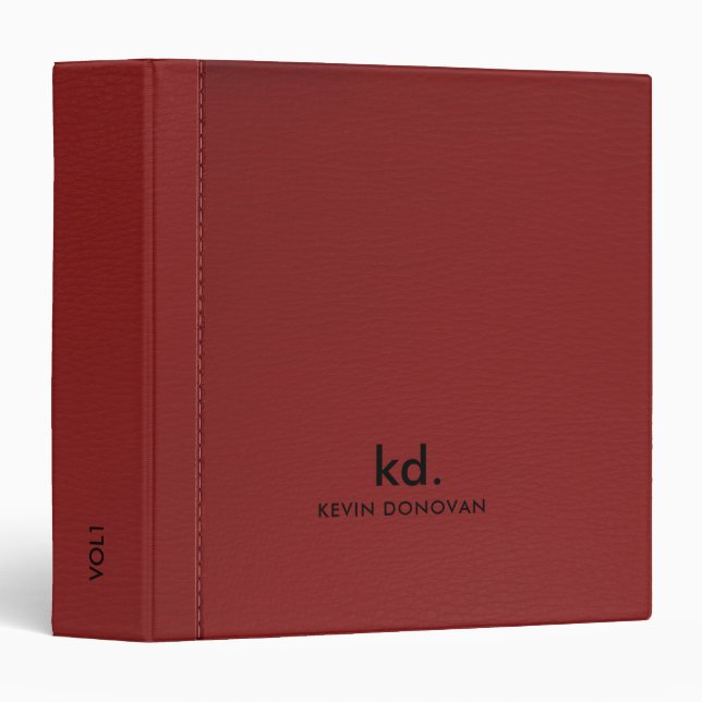 Maroon Red Faux Leather Stitches Accent 3 Ring Binder (Front/Spine)