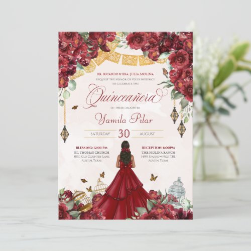 Maroon Red Floral Butterfly Elegant Quinceanera v4 Invitation