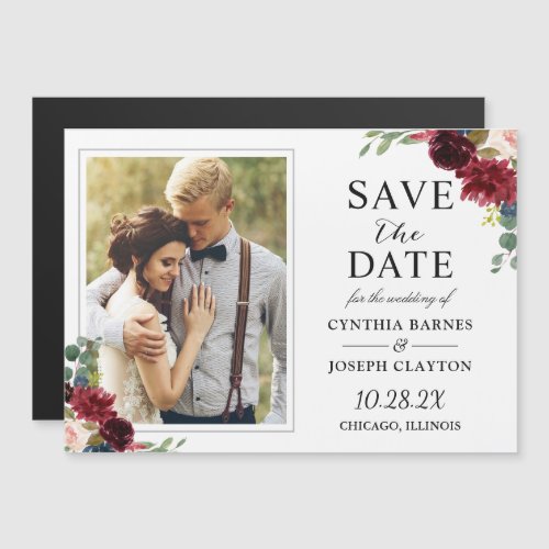 Maroon Red Floral Save the Date Photo Magnet