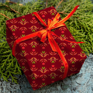 Maroon Red Folk Art Floral Cozy & Rustic Christmas Wrapping Paper