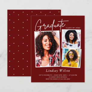 Maroon Red Girl Three Photo Graduation Invitation
