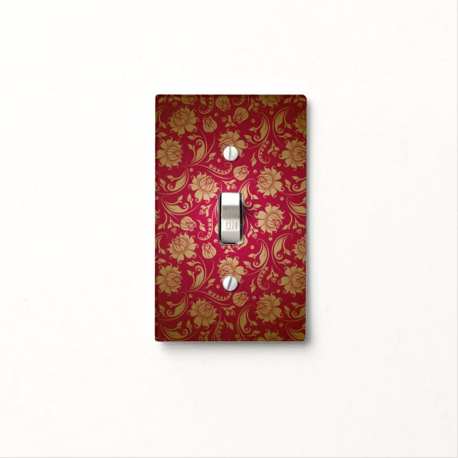 Maroon Red & Gold Damasks Pattern Light Switch Cover (In Situ)