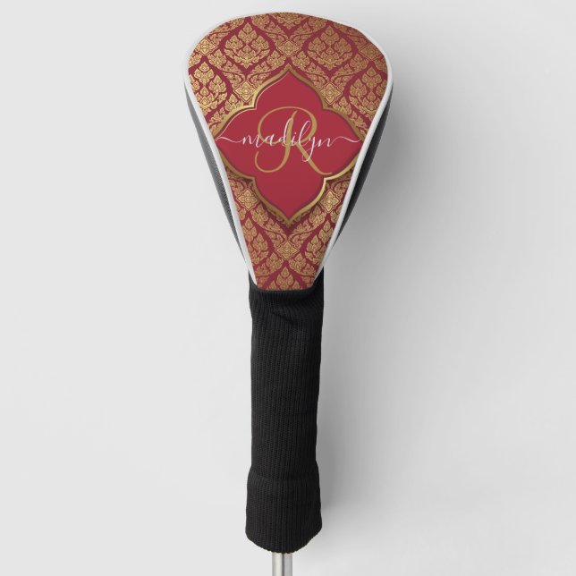 Maroon Red Gold Fleur Damask Pattern Monogram Golf Head Cover (Front)