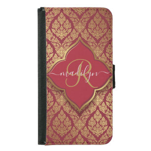 Maroon Red Gold Fleur Damask Pattern Monogram Samsung Galaxy S5 Wallet Case
