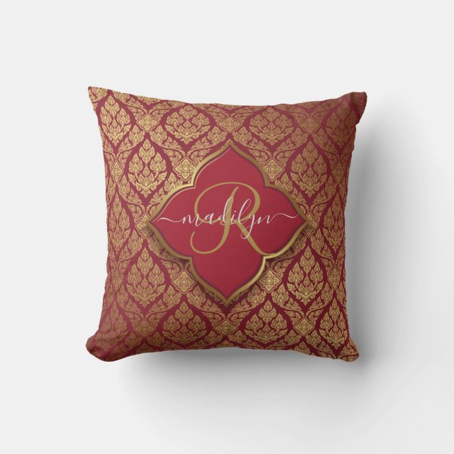 Maroon Red Gold Fleur Damask Pattern Monogram Throw Pillow (Front)