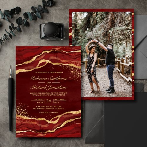 Maroon Red Gold Fluid Ink Photo Wedding Invitation