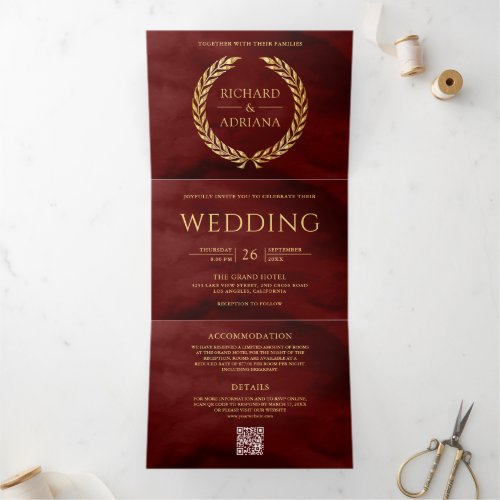 Maroon Red Gold Laurel Minimal QR Code Wedding Tri-Fold Invitation