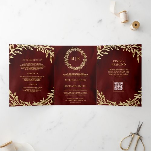 Maroon Red Gold Leaf Branch QR Code Wedding Tri-Fold Invitation