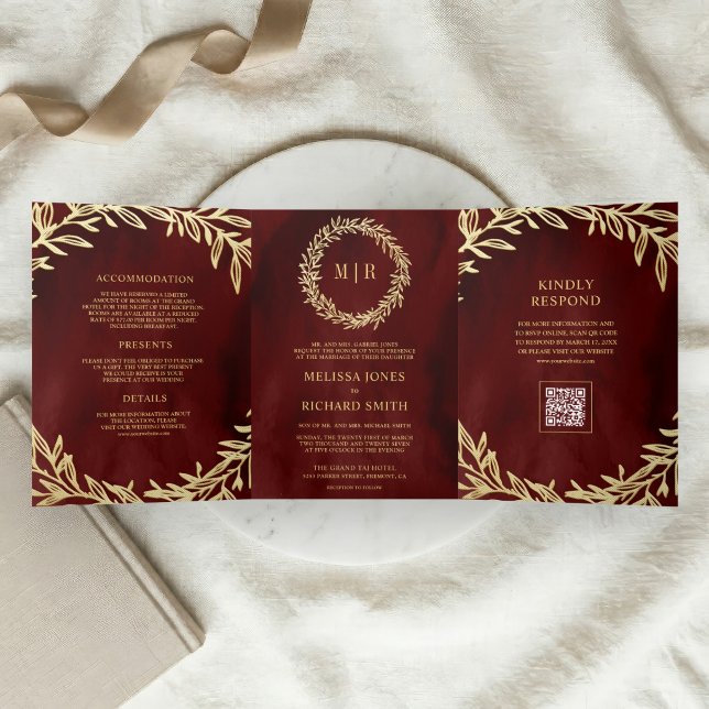 Maroon Red Gold Leaf Branch QR Code Wedding Tri-Fold Invitation (Creator Uploaded)