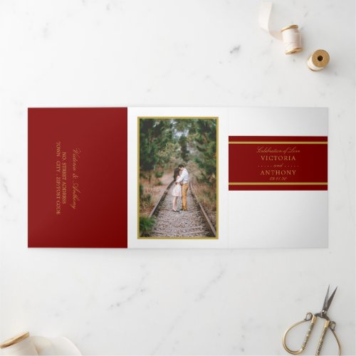 Maroon Red  Gold Modern Wedding Suite Tri_Fold Invitation