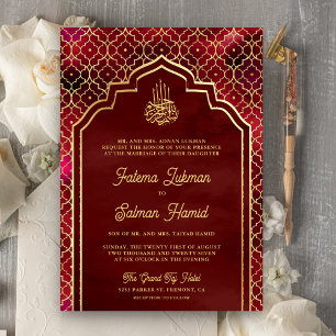 Maroon Red Gold Moroccan Arch Muslim Wedding Invitation
