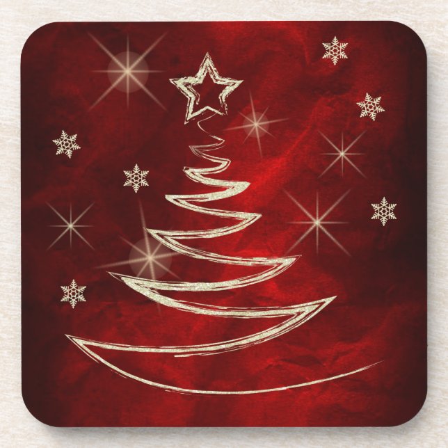Maroon Red Gold Tree Christmas Beverage Coaster (Front)