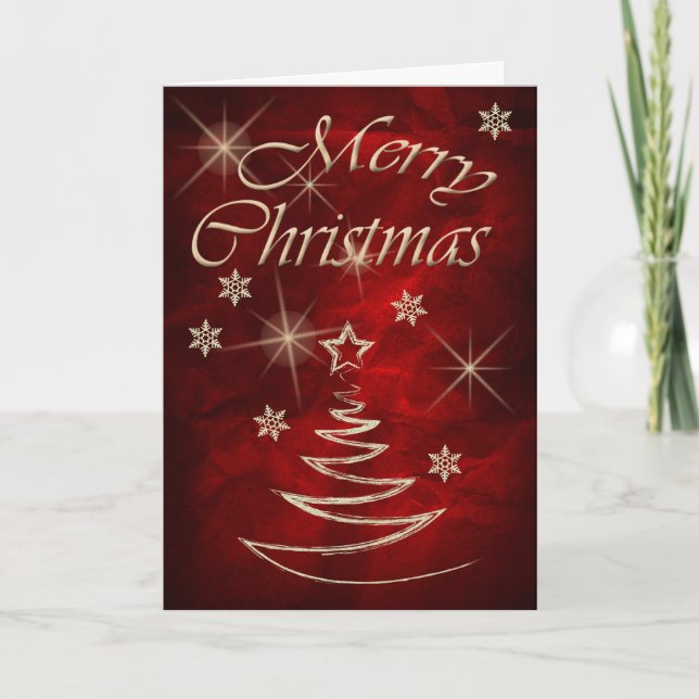 Maroon Red Gold Tree Christmas Holiday Card (Front)