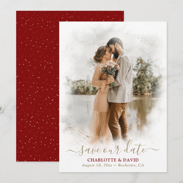 Maroon Red Gold Wedding Photo Save Our Date Card (Front/Back)