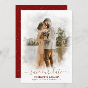 Maroon Red Gold Wedding Photo Save Our Date Card