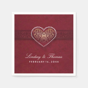 Maroon Red Gold & White Floral Heart Wedding Napkins