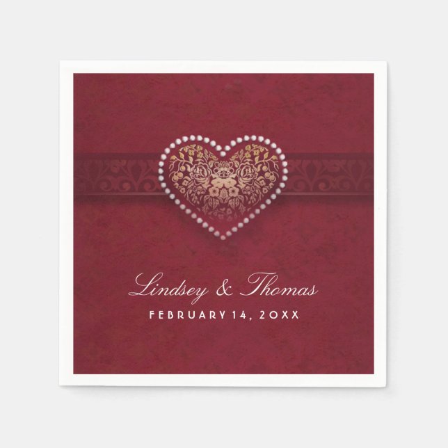 Maroon Red Gold & White Floral Heart Wedding Napkins (Front)